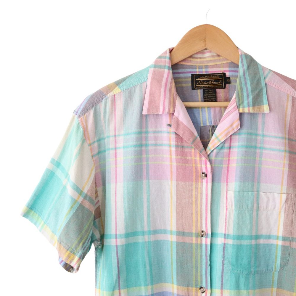 SOLD vintage 80s 90s eddie bauer pastel plaid button shirt M/L madras blouse - Picture 7 of 9
